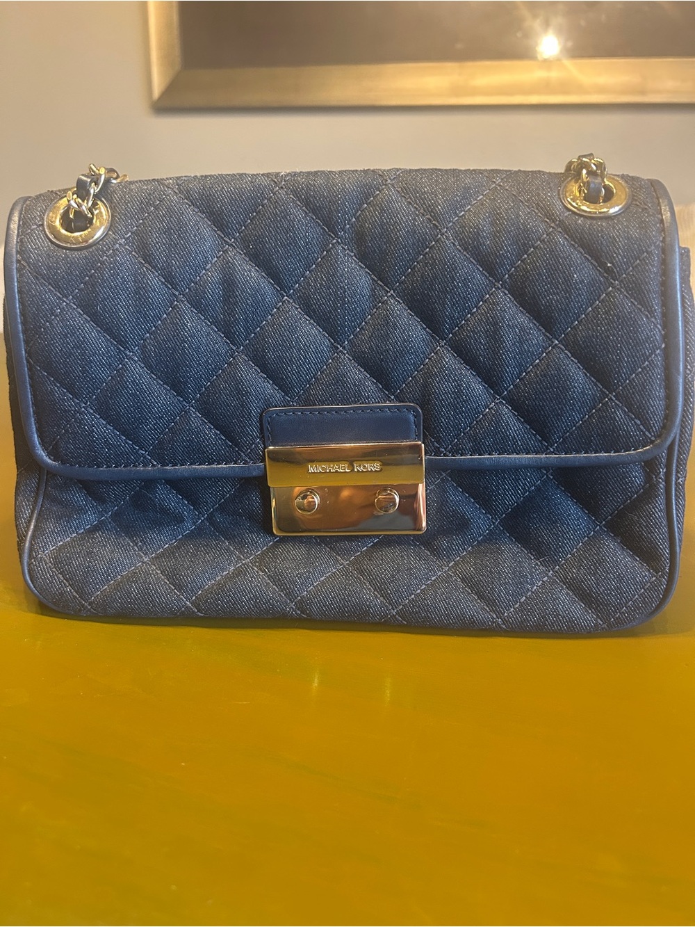 Michael Kors Quilted Denim Crossbody Bag in Navy with Gold Hardware